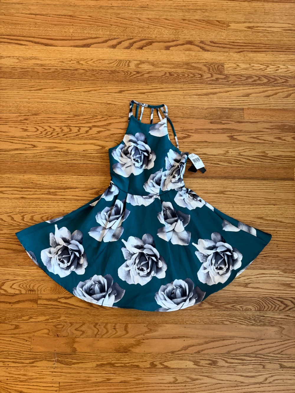 NWT Floral Fit & Flare Dress Hunter Green Gray Rose Print Size 1
